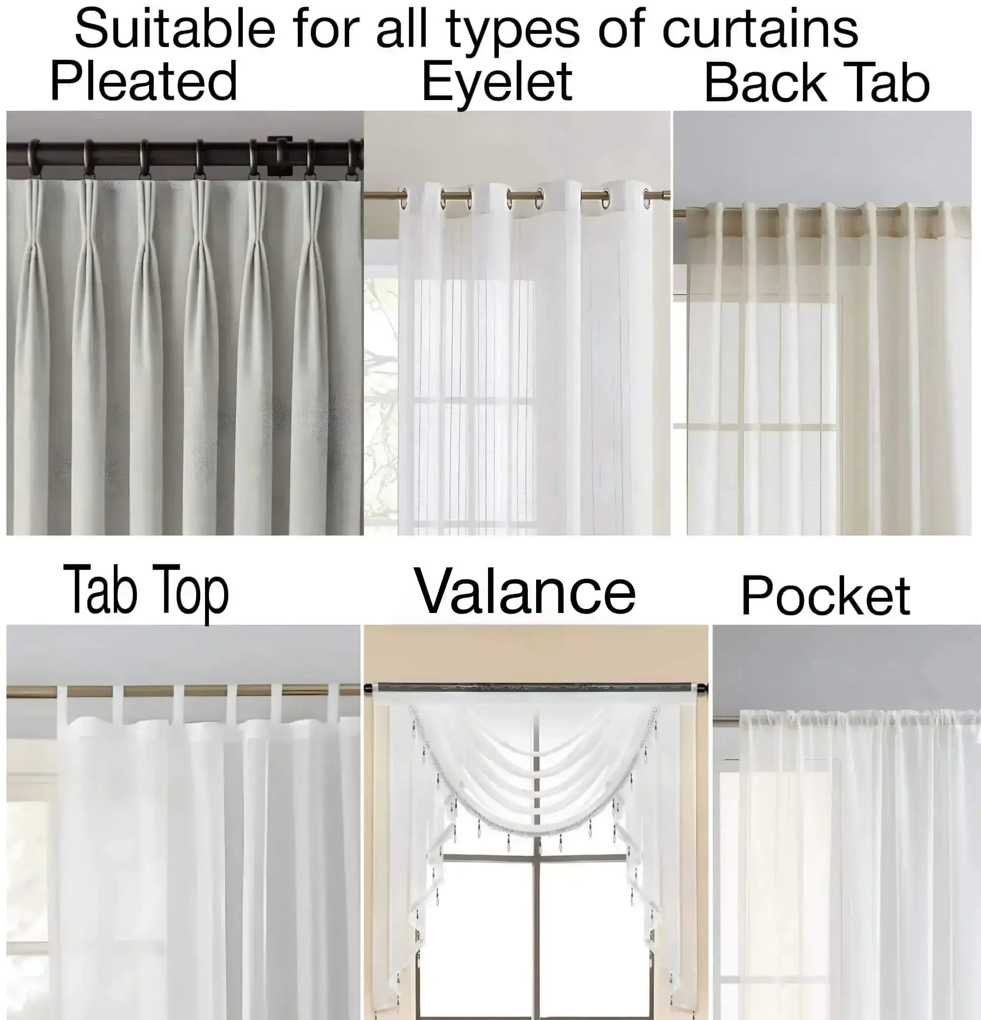 curtain rod compaitable with pleated curtains, eyelet curtains, grommet curtains, back tab curtains, tab top curtains, valance, curtain rod is compatible with all type of curtains