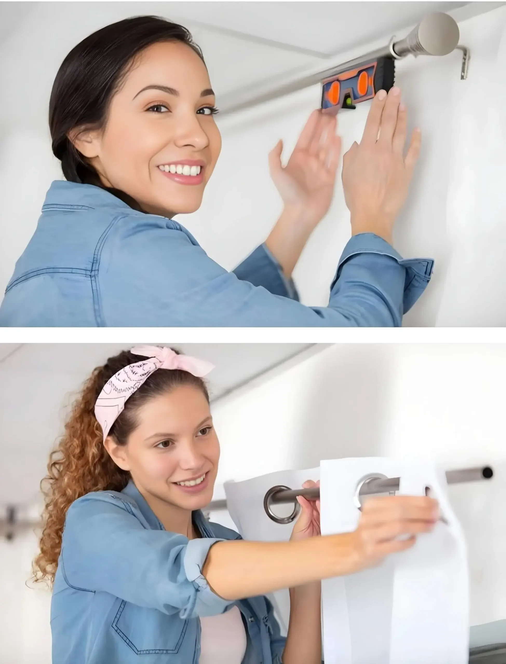 a girl effortlessly installs curtain brackets and rods, highlighting the simplicity of the installation process