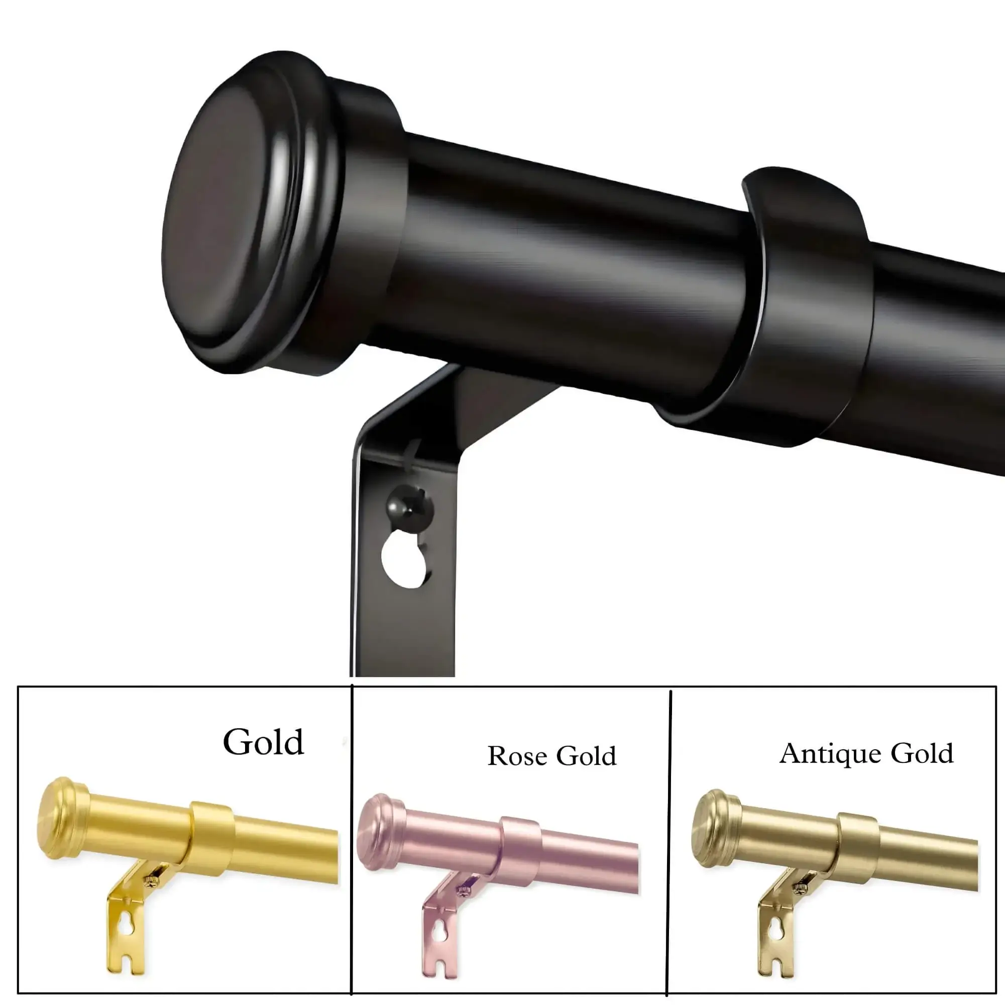 different types of curtain rods, black curtain rods, gold curtain rods, rose gold curtain rods, antique gold curtain rods