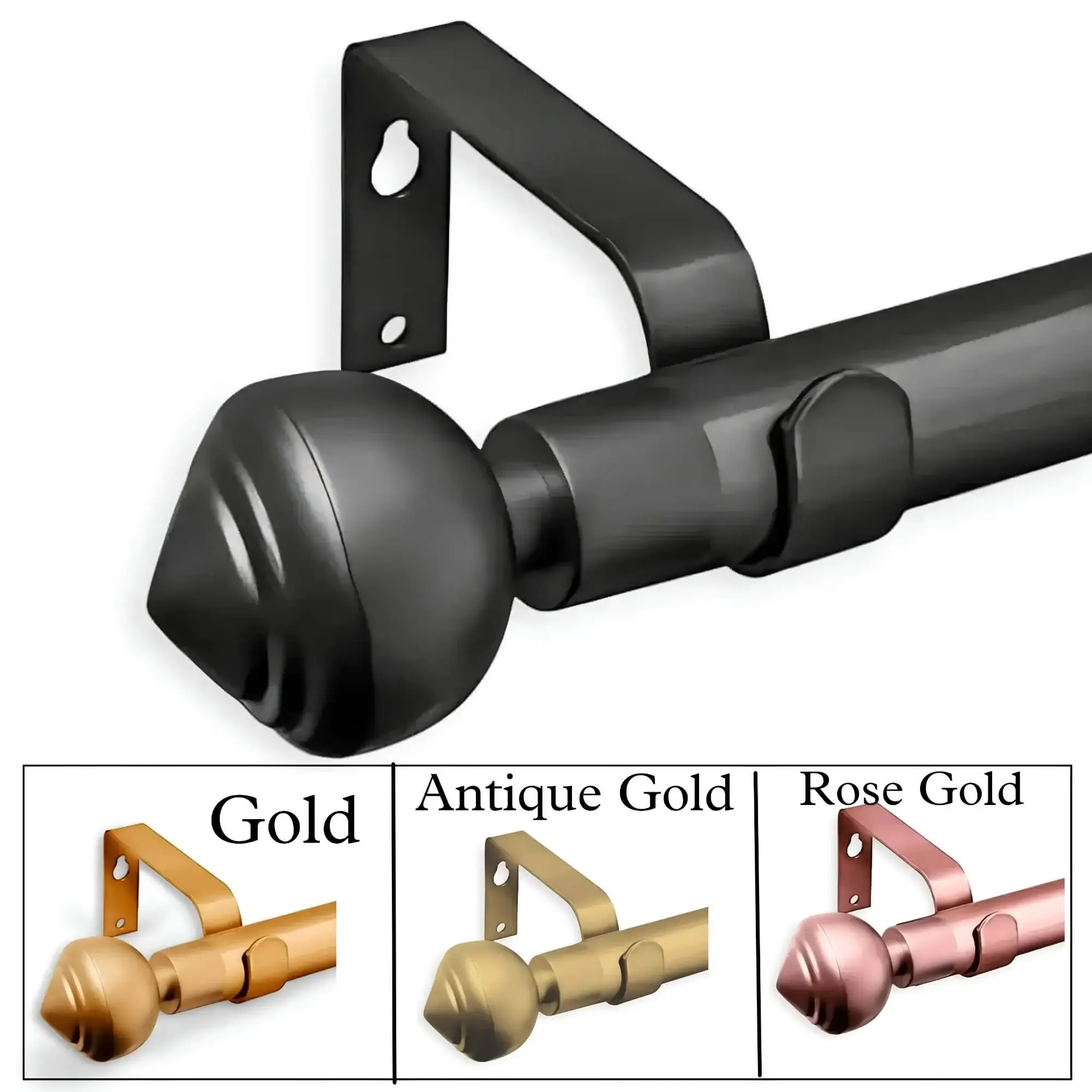 different colours of curtain rods, black curtain rods, gold curtain rods, rose gold curtain rods, antique gold curtain rods