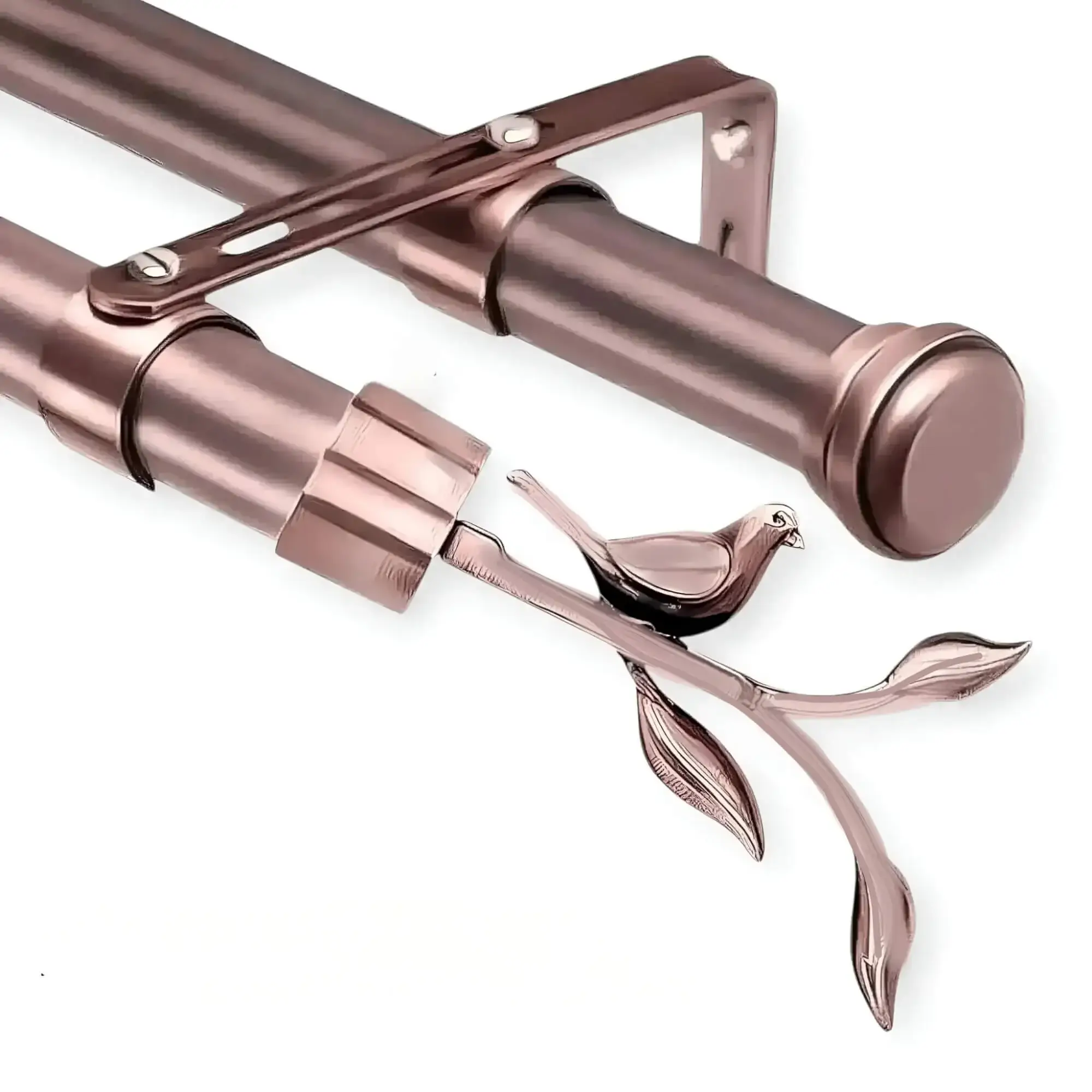 rose gold double curtain rod with bird finial