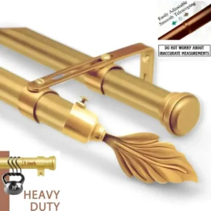 adjustable double curtain rod set, Three images showcasing an adjustable double curtain rod set: (1) Main image of a gold double rod with decorative leaf finials, (2) Strength test demonstrating 30 lb capacity with 'Heavy Duty' text, (3) Close-up of smooth telescoping mechanism with text 'Easily adjustable—no worries about inaccurate measurements.' Combines elegant design with durable functionality