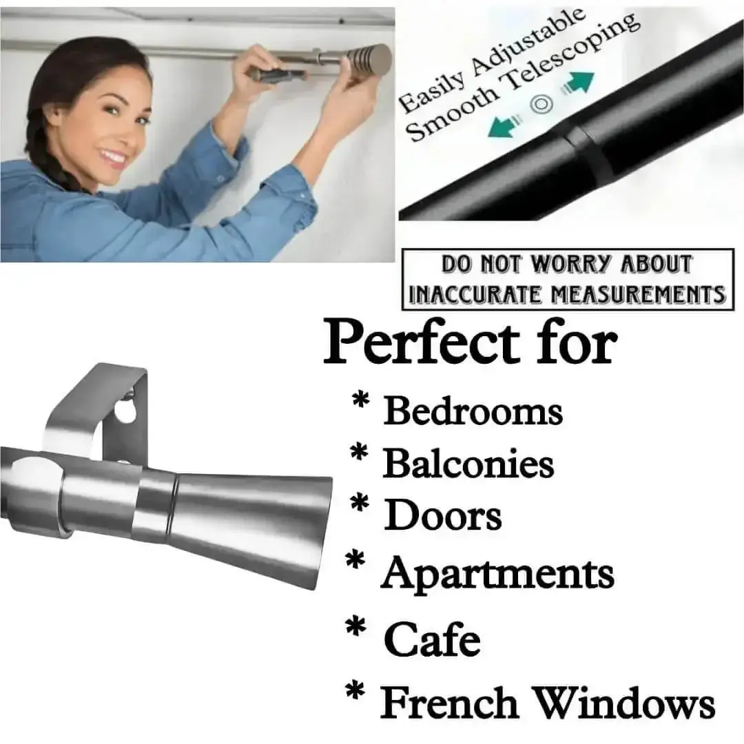 adjustable rod for curtains showcase, DIY girl installing curtain rods with a screwdriver—text highlights ‘Perfect for bedrooms, balconies, doors, apartments, cafe, french windows.' Features smooth telescoping rods, and easily adjustable design so you never worry about inaccurate measurements