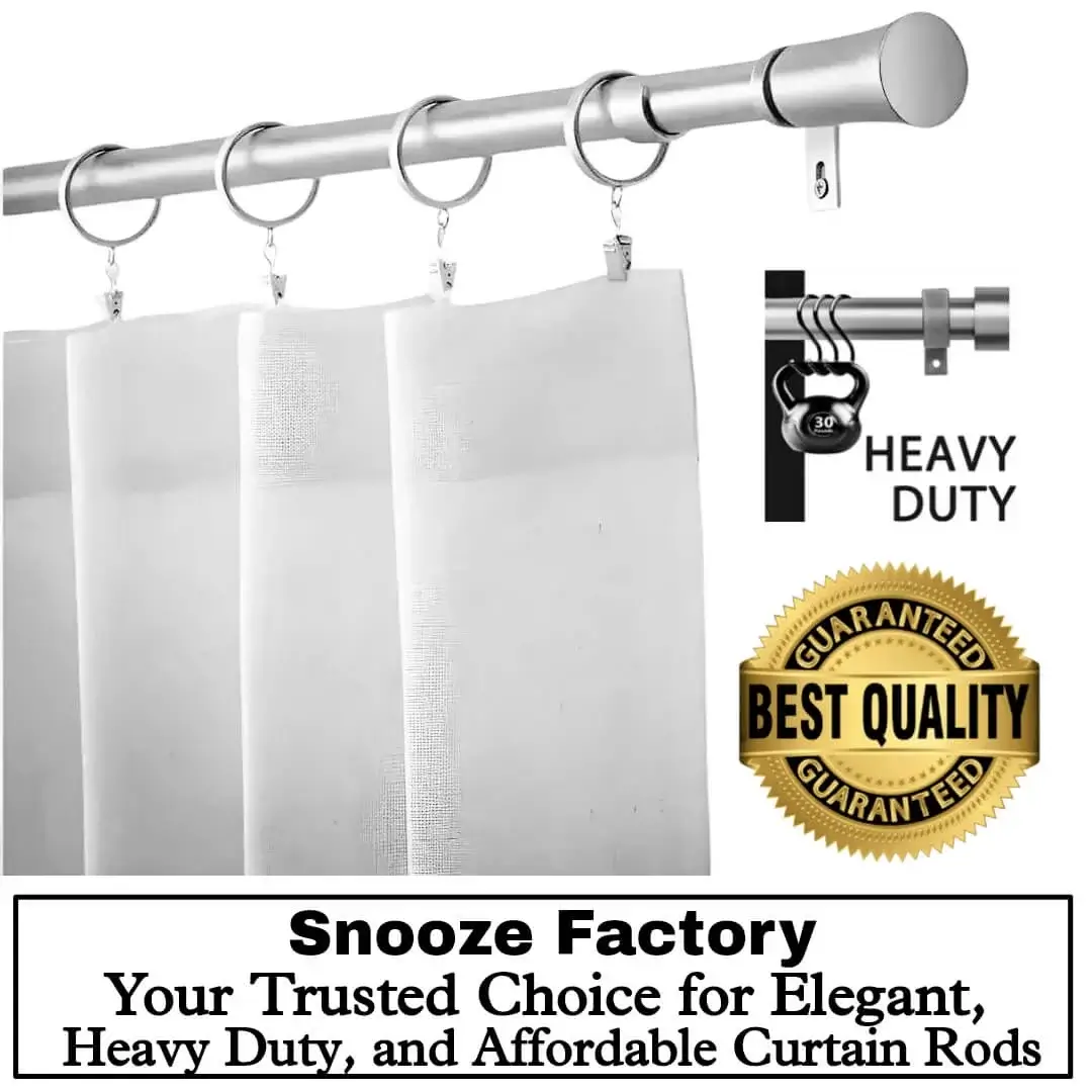best heavy duty extendable curtain rod, best heavy duty extendable curtain rod, Four panel best heavy duty extendable curtain rod showcase: (1) Stylish flowing curtains on a heavy duty extendable curtain rod, (2) Same rod holding heavy weight, text highlight '35 lbs, heavy duty', (3) Text overlay: 'Best quality guaranteed—Snooze Factory, trusted choice for elegant, heavy duty, and affordable curtain rods.' Combines elegance and industrial strength