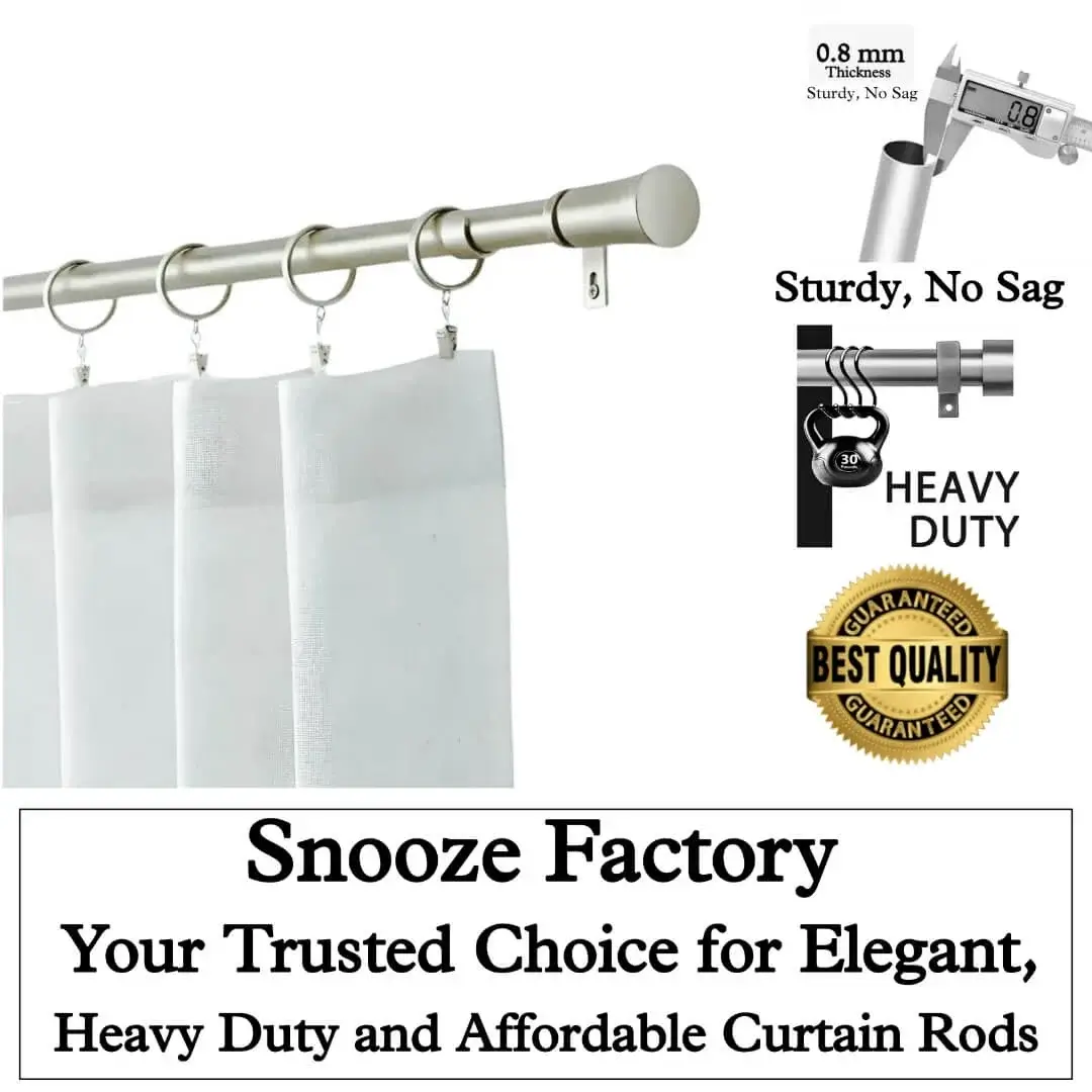 best quality curtain rods, best quality curtain rods, Three panel best quality curtain rods showcase: (1) Stylish flowing curtains on a heavy duty extendable curtain rod, (2) curtain rod holding heavy weight, text highlight '35 lbs, heavy duty', (3) curtain pole with text highlight '1 inch diameter, 0.8 mm thickness, sturdy, no sag, Text overlay: 'Best quality guaranteed—Snooze Factory, trusted choice for elegant, heavy duty, and affordable curtain rods.' Combines elegance and industrial strength