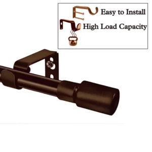brown colour curtain rod with brackets, Two images showcasing a brown curtain rod set: (1) Main image of the complete rod set, (2) Close-up of brackets demonstrating easy installation and heavy-weight support with text overlay 'Easy to install, high load capacity