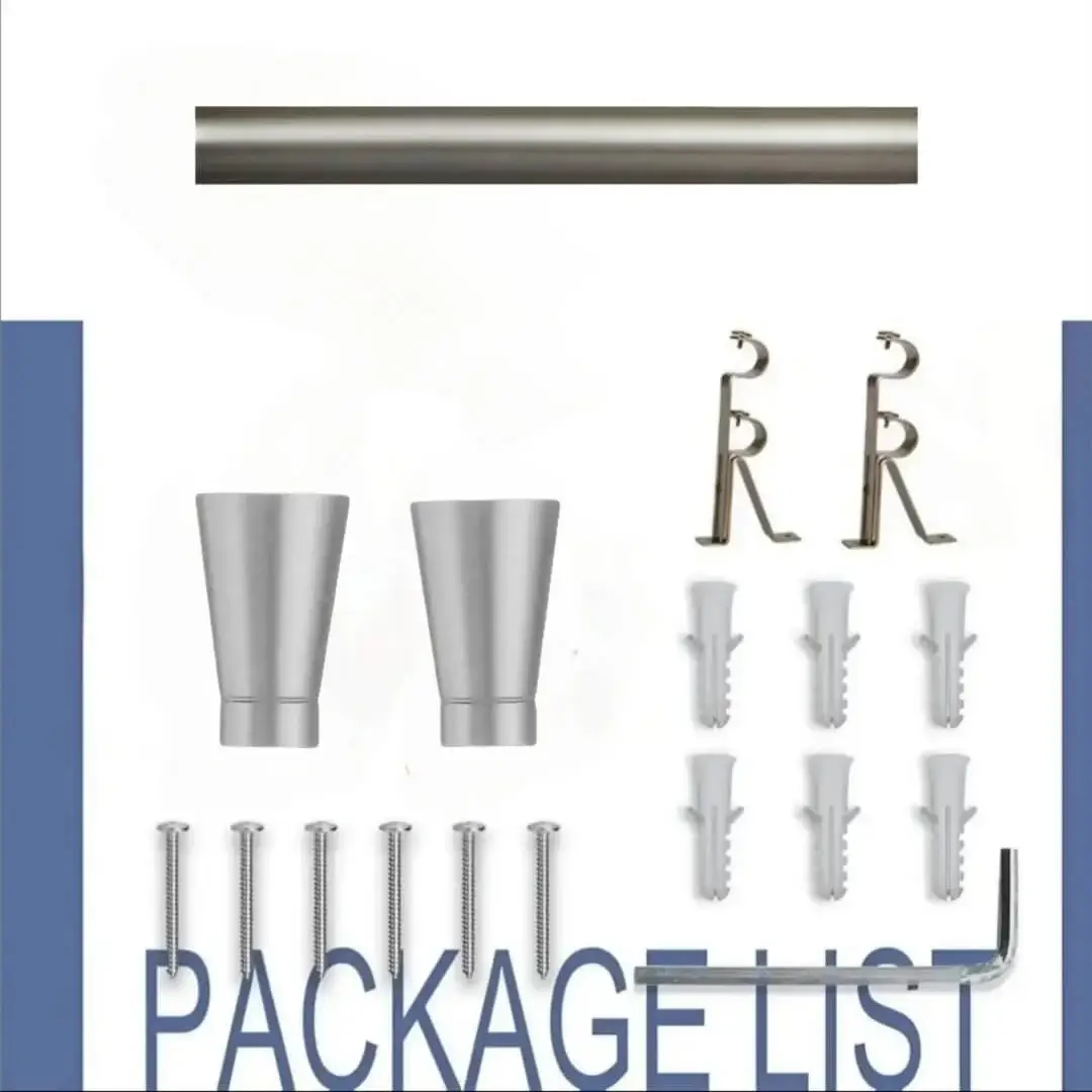 curtain rod complete set, Curtain rod full set displayed with all included components: 2 decorative finials, 3 heavy-duty brackets, 2 adjustable rods, wall anchors, and screws. Text overlay lists the 'Package List,' showcasing everything needed for professional installation.
