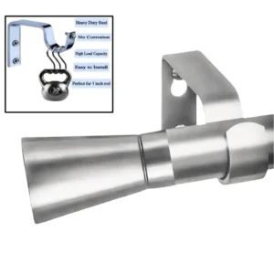 curtain rod set with brackets, Two-panel showcase of a curtain rod set with brackets: (1) Sleek steel curtain rod design. (2) Close-up of the bracket supporting 30 lbs with text highlighting features—'Heavy Duty steel, corrosion-resistant, high load capacity, easy installation, fits 1-inch rods'—proving durability and strength.