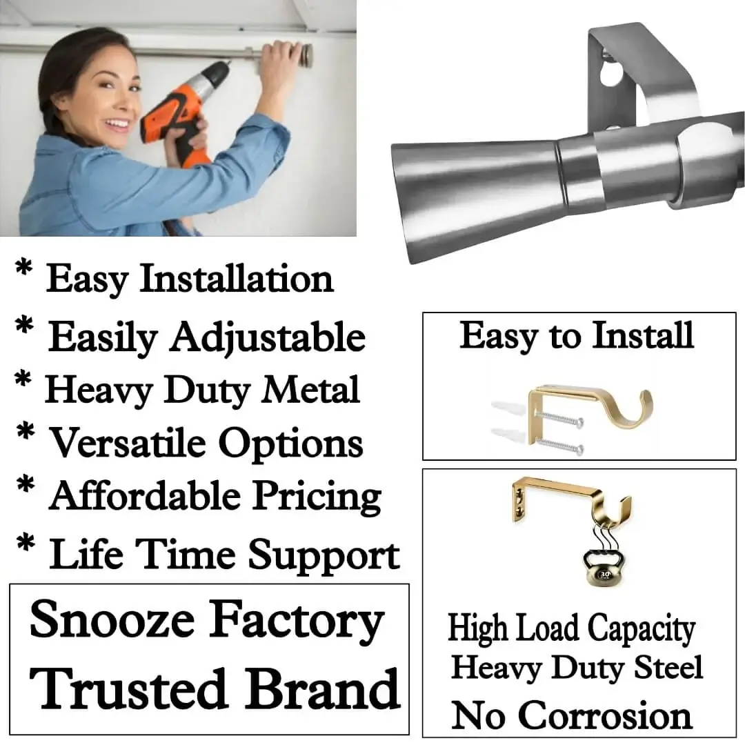 curtain rod with brackets, curtain rod with brackets showcase, Three-panel showcase: (1) DIY girl installing a curtain rod with a drill, (2) elegant grey colour curtain rod, and (3) close up of heavy duty steel brackets. Overlay text highlights: ‘Easy to install, easily adjustable, heavy duty metal, versatile option, affordable pricing, life time support, heavy load capacity, heavy duty steel, no corrosion and Snooze Factory—a trusted brand