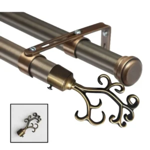 curtain rod with finial set, Two images showcasing a curtain rod with finial set: (1) Main image features an elegant antique brass curtain rod with decorative leaf finial. (2) Close-up detail of the matching leaf finial, highlighting its intricate design.