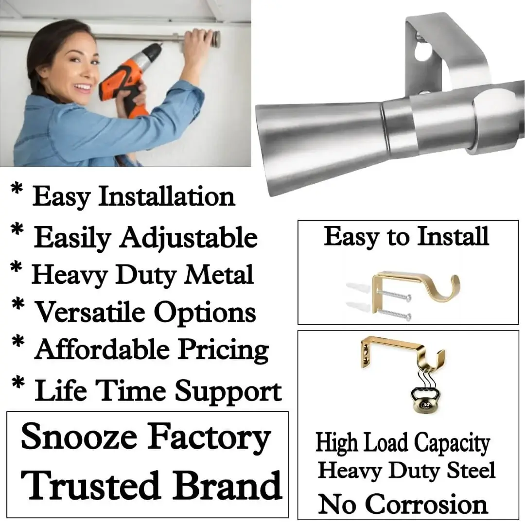 curtain rod with holders, curtain rod with holders showcase, Three-panel showcase: (1) DIY girl installing a curtain rod with a drill, (2) elegant steel curtain rod, and (3) close up of heavy duty steel brackets. Overlay text highlights: ‘Easy to install, easily adjustable, heavy duty metal, versatile option, affordable pricing, life time support, heavy load capacity, heavy duty steel, no corrosion and Snooze Factory—a trusted brand