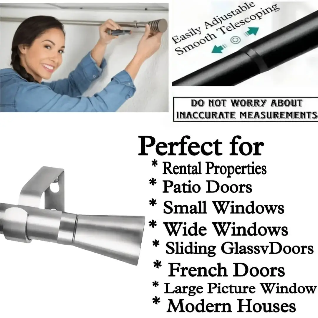 curtain rods adjustable, expandable rod for curtains showcase, DIY girl installing curtain rods with a screwdriver—text highlights ‘Perfect for rental properties, patio doors, small windows, wide windows, sliding glass doors, french doors, large picture window, modern houses.' Features smooth telescoping rods, and easily adjustable design so you never worry about inaccurate measurements