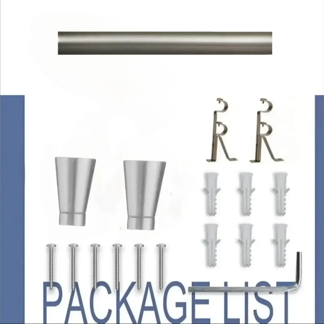 curtain rods complete set, Curtain rod complete set displayed with all included components: 2 decorative finials, 3 heavy duty brackets, 2 adjustable rods, wall anchors, and screws. Text overlay lists the 'Package List,' showcasing everything needed for professional installation.