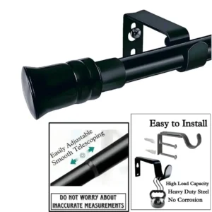 extendable curtain rod set black, Three images showcasing an extendable curtain rod set in black: (1) Main image of sleek black curtain rod, (2) Close-up of brackets with text 'high load capacity, heavy duty steel, no corrosion' demonstrating durability, (3) Extendable rod mechanism with text 'easily adjustable, smooth telescoping - no worry about inaccurate measurements' highlighting flexible installation
