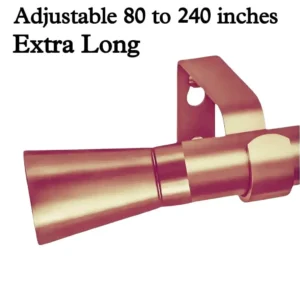 extra long curtain rod set, Rose gold extra long curtain rod set with adjustable length (80 to 240 inches), highlighted text emphasizes extended reach for wide windows or spaces.
