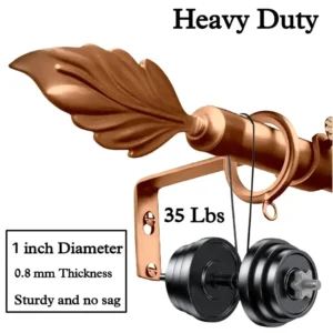 heavy duty curtain rod set, Heavy duty curtain rod set showcased in three panels: (1) Sleek copper-finish rod with decorative leaf finial. (2) Stress test demonstrating strength - rod supporting 35 lbs weight with 'Heavy Duty' text overlay. (3) Technical specifications highlighted: 1-inch diameter, 0.8 mm thickness construction ensuring sturdy performance with no sag