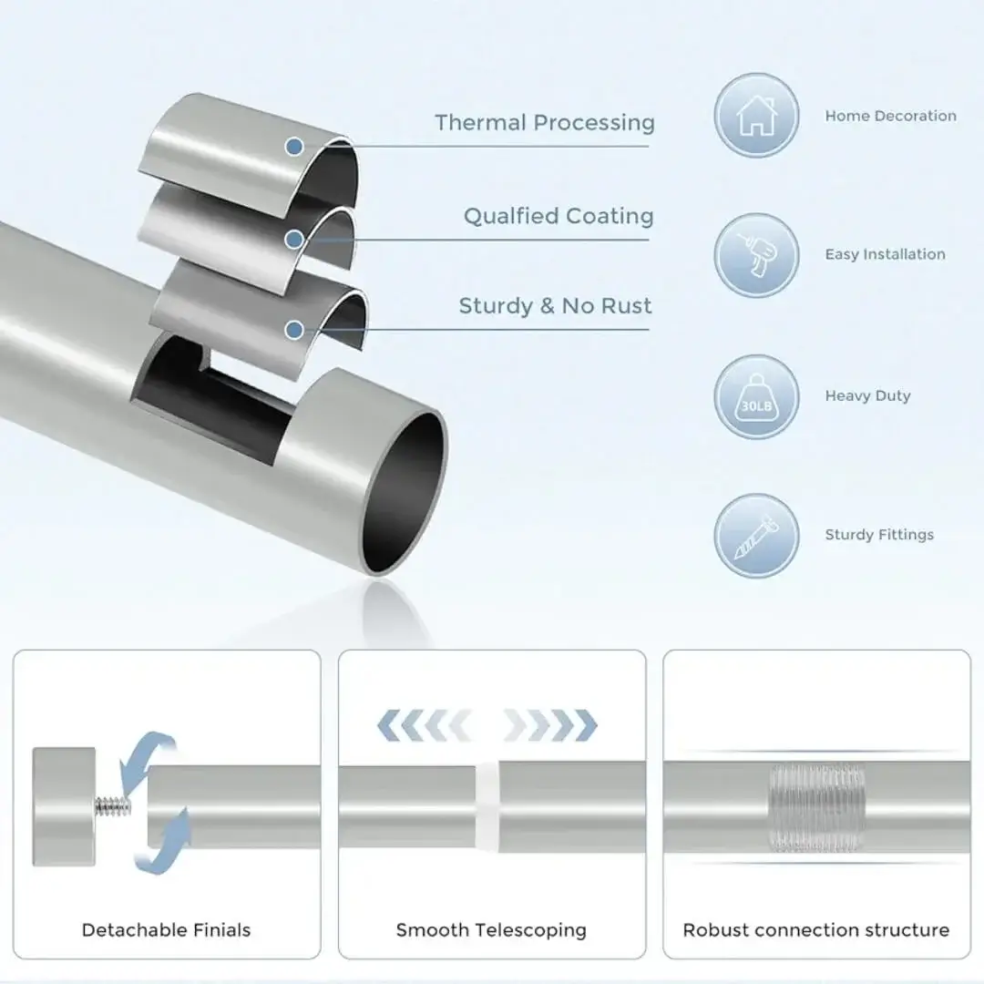 anti rust curtain rod, Anti rust curtain rod showcase, Close-up of curtain rod pole with highlighted text: 'Anti rust qualified coating, sturdy and no rust, coated using thermal processing, detachable finial, smooth telescoping, robust structure. showcasing durable construction for long-lasting performance